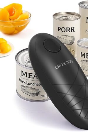 CIRCLE JOY Electric Can Opener, One-Touch Automatic Can Opening with Smooth Edges, Food Safety Handheld Battery-Operated Can Opener for Kitchen and Seniors, Black