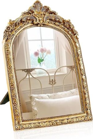 YUSONG Vintage Makeup Desk Mirror, Antique Gold Arched Tabletop Mirror with Resin Frame - Decorative Wall Art for Living Room, Bedroom Decor, Retro Table 9.3" x 5.7"