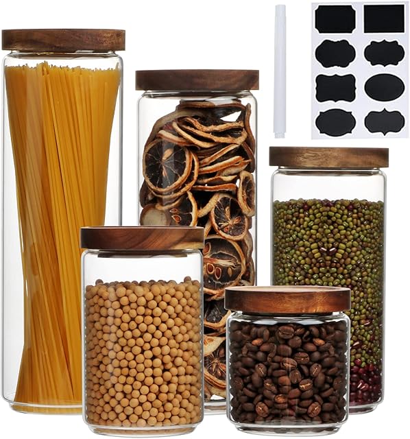 Glass Canisters With Wooden Lids Kitchen Jars for Storage,Tea,Sugar and Coffee Container Set,Set of 5 Canisters for Candy, Cookie, Rice and Spice Jars