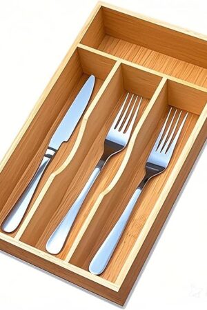 Bamboo Kitchen Drawer Silverware Organizer, 7 Inch Silverware Utensils Tray Holder for Small Drawer, Wood Caddy for Flatware Cutlery Knives 4-Slots