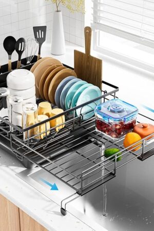 Dish Drying Rack - Expandable Rack, Large Capacity Dish Drainer for Kitchen Counter, Rust-Proof with Utensil Holder, Black