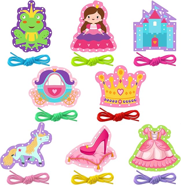 The Zonon 8 Pieces Kids Lacing Cards Sewing Cards in 8 Patterns Lacing Games for Developing Imagination Education Supplies Children Sewing Game Favors (Princess, Castle Style)