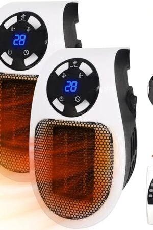 2PCS Ecowarm Plug in Heater, 500W Wall Outlet Electric Space Heater as Seen on TV, Small Portable Space Heater with Adjustable Thermostat & Timer & Led Display for Office Bathroom Bedroom Indoor Use