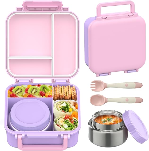 Bento Lunch Box for Kids with 9oz Thermo, Leak-proof Containers with 3 Compartments, Recommended Serving Sizes for Kids,Durable&Dishwasher Safe Lunch Box for School-Purple-Pink