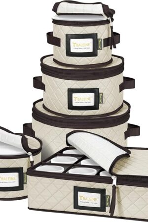 BALEINE China Storage Containers, Sturdy Quilted Wine Glass Storage, Plate Organizer with Carry Handles, Moving Boxes for Dishes, Cups, Mugs and Stemware (Plate Mug Combo, Soft Shell Cream)