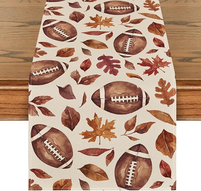 Artoid Mode Rugby Maple Leaves Football Fall Table Runner, Seasonal Harvest Autumn Kitchen Dining Table Decoration for Home Party Decor 13x72 Inch