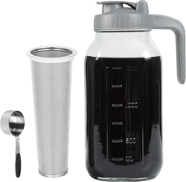 Cold Brew Coffee Maker 64 OZ Heavy Duty Glass Mason Jar with Stainless Steel Infuser Filter