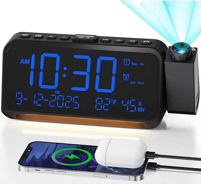 Roxicosly Projection Alarm Clock for Bedroom Ceiling, 118 dB Super Loud for Heavy Sleepers, 6.7" Large Digital Dimmable Display with Day Date Indoor Temp Humidity, Dual Alarms Adjustable Volume