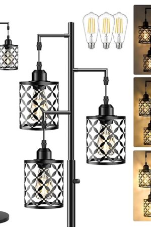 68" Dimmable Floor Lamp, Farmhouse Standing Lamp with Elegant Metal Cage, Industrial Tall Tree Floor Lamps for Living Room, Bedroom, Study Room, Office (2000LM LED Bulbs Included) - Black