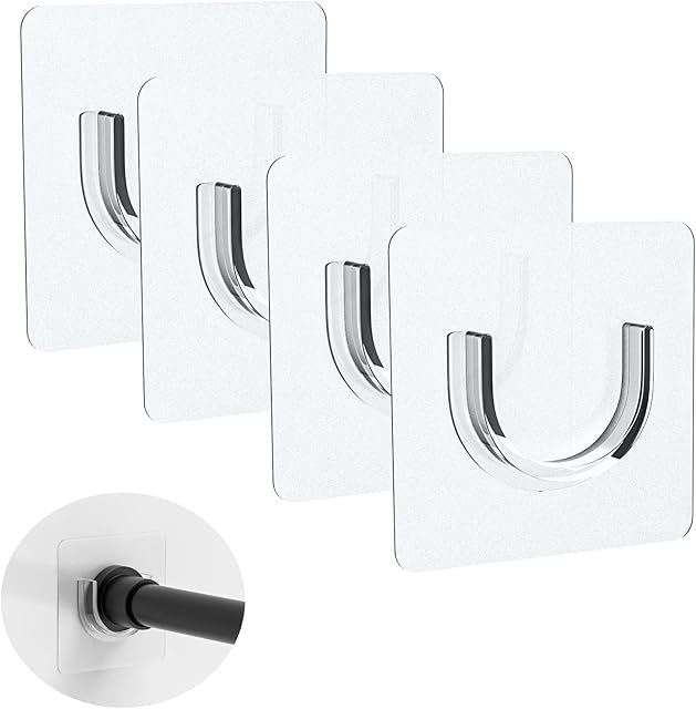 Adhesive Shower Rod Holders, No Drilling|Heat Resistant| Waterproof| Max Load 30 lbs, Tension Curtain Rod Holders for Wall,4 Pieces Transparent (Rod Not Included)