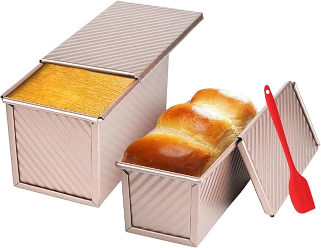 2 Pack Pullman Loaf Pan with Lid, 1 lb & 0.5 lb Non-Stick Bread Loaf Pan for Homemade Bread, Carbon Steel Corrugated Baking Pan for Sandwich, Toast Oven - Rose Gold
