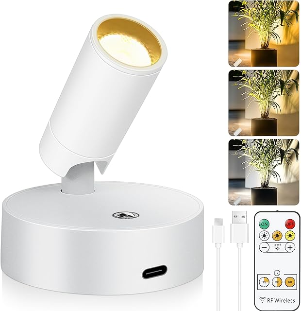 Wireless LED Spot lights Indoor Battery Operated with Remote, Rechargeable Up lights Indoor with Timer&Dimmable, 3CCT Picture Lights for Wall, SpotLights Accent Uplighting for Plant, Artwork -White