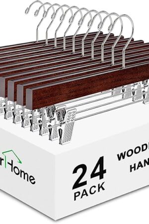 Amber Home 24 Pack Retro Wooden Pants Hangers with Clips, Walnut Wood Bottom Jeans Skirt Hanger, Clip Hanger for Trousers, Slacks, Shorts (Vintage, 24)