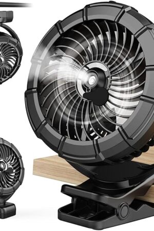 Ausic 3-in-1 Portable Clip on Fan with Misting & LED Lights & Hook, 100ML Baby Stroller Fan, 5200mAh Rechargeable Battery Operated & 360° Rotation & 3 Speeds for Table Outdoor Travel Camp Golf Cart