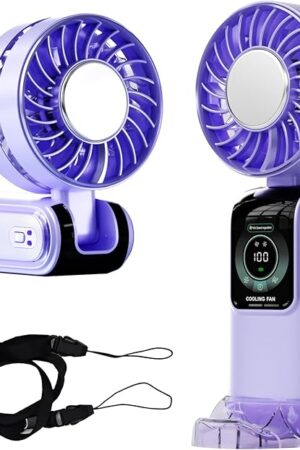 Blows Cold Air Portable Handheld Fan with Stand & Lanyard, 5000mAh USB-C Rechargeable Battery, 12H/5-Speed LED Display Mini Fan for Travel Beach Cruise Concerts Outdoor Events(Fantasy Purple)
