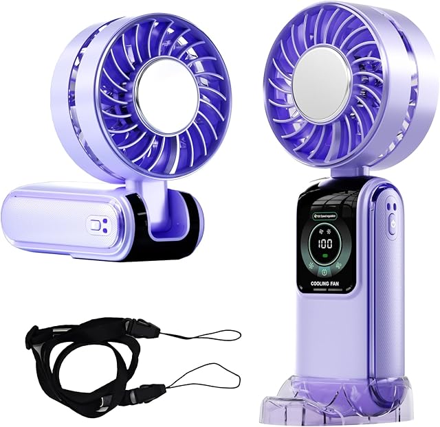 Blows Cold Air Portable Handheld Fan with Stand & Lanyard, 5000mAh USB-C Rechargeable Battery, 12H/5-Speed LED Display Mini Fan for Travel Beach Cruise Concerts Outdoor Events(Fantasy Purple)
