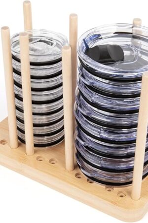 Adjustable Bamboo Tumbler Lid Organizer - Holds up to 20 Lids - Water Bottle Lid Organizer