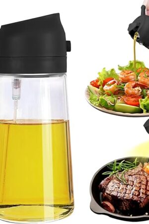 2 in 1 Oil Dispenser and Oil Sprayer, 470ml Dispenser Bottle Spray and Pour, Glass Olive Oil Sprayer for Cooking, Food-Grade Oil Spray Bottle Mister Spritzer for BBQ, Air Fryer, Kitchen (Black)