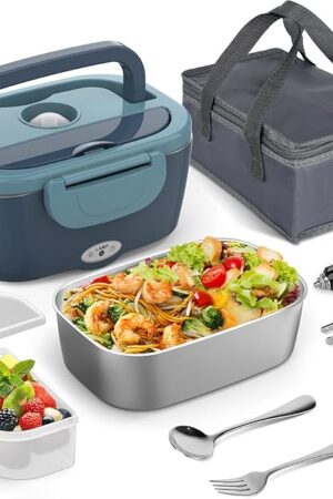 Electric Lunch Box Food Heater, 60-80W Heated Lunch Box for Adults, 12V 24V 110V Portable Food Warmer LunchBox for Car Truck Work with 304 Stainless Steel Container, Driver Trucker Gifts for Dad
