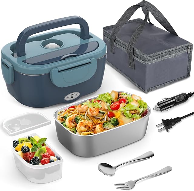 Electric Lunch Box Food Heater, 60-80W Heated Lunch Box for Adults, 12V 24V 110V Portable Food Warmer LunchBox for Car Truck Work with 304 Stainless Steel Container, Driver Trucker Gifts for Dad