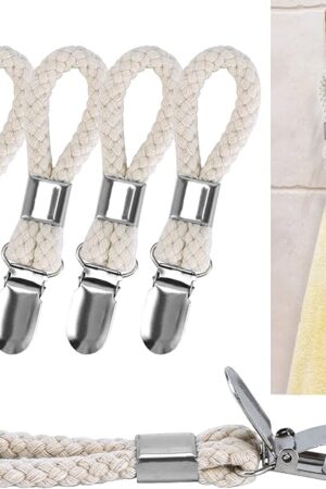5 Pack Hanging Tea Towels Clip,Metal Kitchen Towels Clips with Hanging Loop Cloth Hook Clip Hangers for Home Kitchen Bathroom Cupboards Cloth Hanger Holder Brackets-Braided Cotton Loop