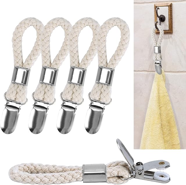 5 Pack Hanging Tea Towels Clip,Metal Kitchen Towels Clips with Hanging Loop Cloth Hook Clip Hangers for Home Kitchen Bathroom Cupboards Cloth Hanger Holder Brackets-Braided Cotton Loop