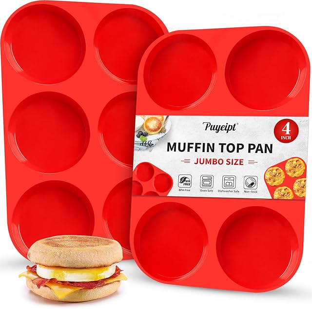 4 Inch Silicone Egg Molds for Breakfast Sandwiches, 2 Pack Jumbo Size Muffin Top Pans, Non-Stick Round Baking Molds for Egg Bites, Hamburger Buns, English Muffins, Whoopie Pies