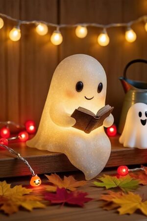 Cute Ghost Reading Book Lamp, Cute Halloween Ghost Night Light, Light up Ghosts Halloween Decorations for Indoor Home Table Centerpiece Bedroom Shelf Readers (6 Inch)
