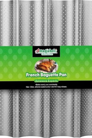 AMAGABELI GARDEN & HOME Baguette Bread Pan 15" x 13" Nonstick Perforated Baguette Tray French Bread Baking 4 Wave Loaf Bake Mold Toast Cooking Baker Molding Gutter Oven Toaster Dishwasher Safe Silver