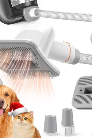 Afloia Dog Brush Vacuum Attachment - Pet Grooming Tool for Dogs & Cats (Vacuum Not Included), Compatible with 1-1.5" Round Port Vacuums (Dyson,Bissell,Eureka,Dirt Devil), with Extension Hose (White)