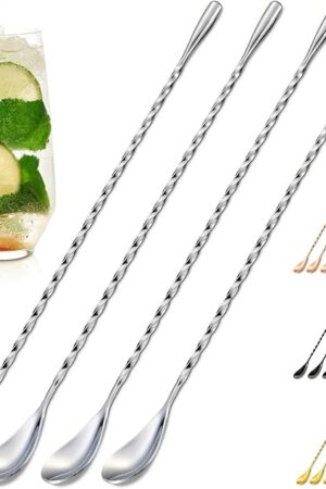 4 Pcs Bar Spoon Cocktail Stirrers – 12'' Long Spoons for Stirring | Stainless Steel with Polished Surface, Easy to Clean – Professional & Home Use, Practical Gift for Drink Mixing Lovers Caviar Spoons
