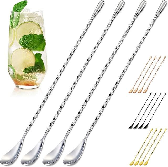 4 Pcs Bar Spoon Cocktail Stirrers – 12'' Long Spoons for Stirring | Stainless Steel with Polished Surface, Easy to Clean – Professional & Home Use, Practical Gift for Drink Mixing Lovers Caviar Spoons