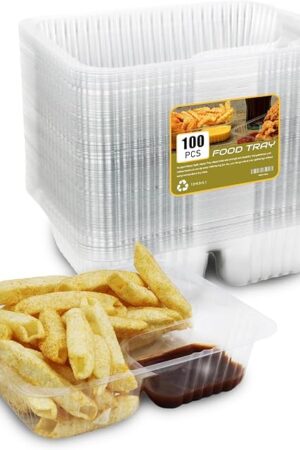 100 PC Nacho Trays Disposable, 12oz Plastic Nacho Containers with Chip and Dip Holder, 6x5 In 2 Compartments Clear Snack Trays for Kids,Parties, Movie Night Supplies (Plastic-100pc)