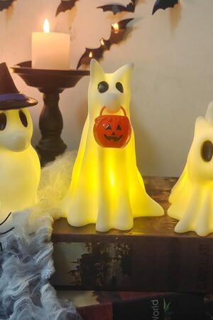 Cute Halloween Decorations Indoor, Ghost Dogs and Ghost Cat Halloween Decor with Witch Hat for Home Kitchen Mantel Tabletop Decor