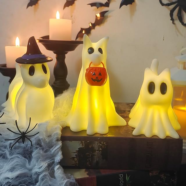 Cute Halloween Decorations Indoor, Ghost Dogs and Ghost Cat Halloween Decor with Witch Hat for Home Kitchen Mantel Tabletop Decor