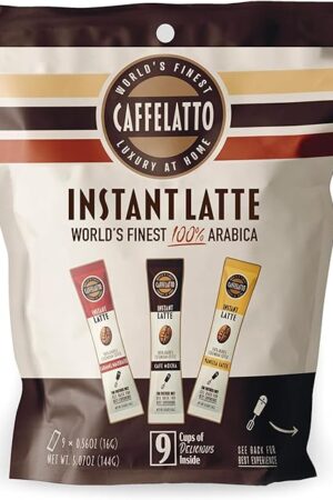 Caffelatto Instant Coffee Latte Mix – Mocha, Vanilla, Caramel – 100mg Caffeine Strong Coffee – Single Serve Sticks for Milk Frothers, 9 Count