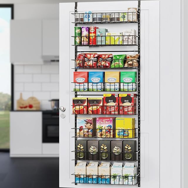 8-Tier Pantry Door Oragnizer, Over The Door Pantry Organizer Rack and Storage, Hanging Spice Rack Shelves Door, Home Office Laundry Room Bathroom & Kitchen Organization Essentials Metal