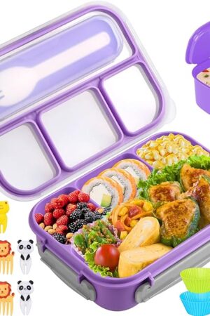 Bento Box, Lunch Box Kids, 1300ML with 4 Compartment&Food Picks Cake Cups, Containers for Adults/Kids/Toddler, Leak-Proof, Microwave/Dishwasher/Freezer Safe(Purple)