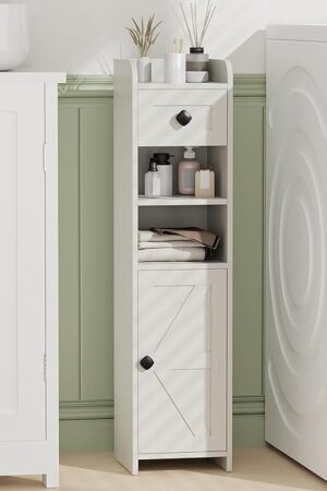 BEWISHOME Bathroom Storage Cabinet, Narrow Bathroom Toilet Paper Storage Cabinet, Farmhouse Corner Floor Cabinet with Drawer, for Small Spaces, 7.9 x 7.9 x 31.5 Inches Cloud White YYG05W