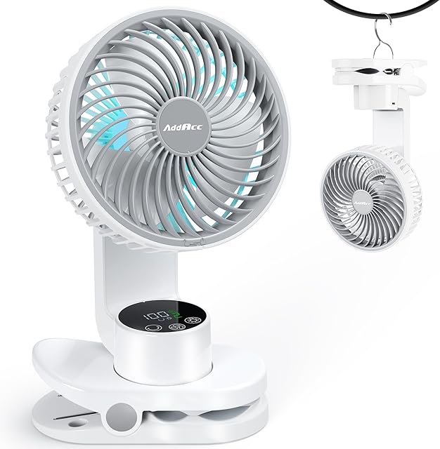 Small Desk Fan, Rechargeable Clip On Fan with Atmosphere Light & Hook, Battery Operated Table Fan, Ultra Quiet, 9 Speed Auto Oscillation Desktop Fan for Bedroom Office Home Travel Camping