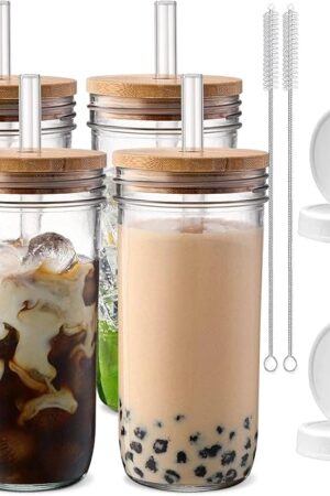 DWTS DANWEITESI Glass Cups with Lids and Straws,24 oz Smoothie Cup with Lid and Straw-Boba Mason Jar,Wide Mouth Reusable Drinking Glasses,Iced Coffee Cups Glass,Vasos De Vidrio?4 Pack】