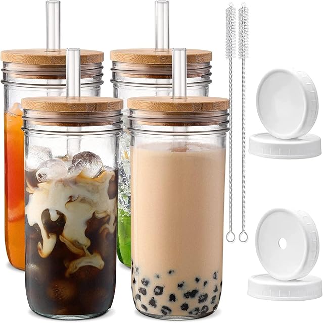 DWTS DANWEITESI Glass Cups with Lids and Straws,24 oz Smoothie Cup with Lid and Straw-Boba Mason Jar,Wide Mouth Reusable Drinking Glasses,Iced Coffee Cups Glass,Vasos De Vidrio?4 Pack】