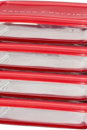 Anchor Hocking SnugFitTM Rectangular Food Storage Containers with Lids (4-Piece, 3-cup, Red, oven-safe)