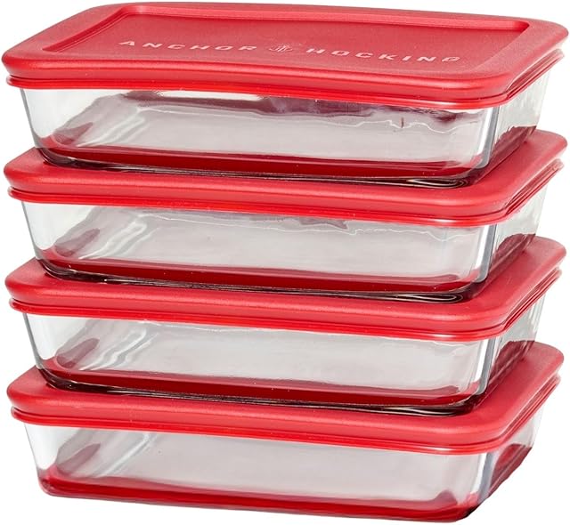 Anchor Hocking SnugFitTM Rectangular Food Storage Containers with Lids (4-Piece, 3-cup, Red, oven-safe)