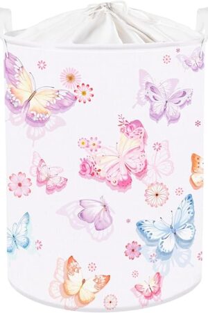 Clastyle Large Purple Pink Butterfly Laundry Basket Waterproof Flower Clothes Nursery Hamper for Baby Girl Collapsible Toy Storage Gift Basket for Kid Bedroom Decor