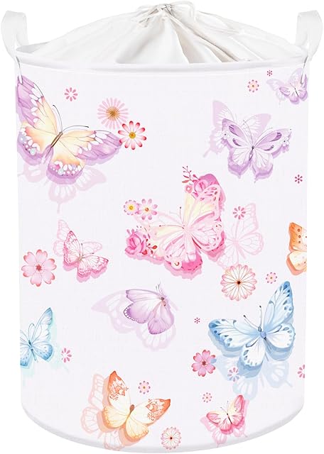 Clastyle Large Purple Pink Butterfly Laundry Basket Waterproof Flower Clothes Nursery Hamper for Baby Girl Collapsible Toy Storage Gift Basket for Kid Bedroom Decor
