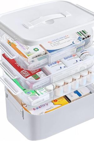 4-Tier Portable Medicine Cabinet Organizer, Large Medicine Storage Box with Handle, Plastic First Aid Box Empty, Multipurpose Medical Supply Organizer, Medication Storage with 3 Removable Tray