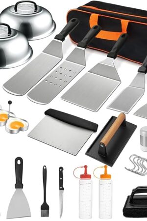 35PCS Griddle Accessories Kit, Flat Top Grill Accessories Set for Blackstone and Camp Chef, Grill Spatula Set with Enlarged Spatulas, Basting Cover, Scraper for Outdoor Barbecue