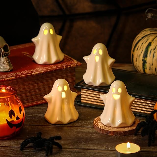 4PCS Ceramic Ghost Light Up Decor, Cute Ghost Halloween Decor, Small White Ghost Figurine Timer Led Ghost Figurines for Desk Tabletop Centerpieces,Halloween Decoration Indoor