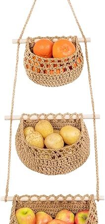 Cotton Hanging Fruit Basket, 3 Tier Woven Wall Basket, Hanging storage baskets for KItchen and Bathroom, Macrame Wall Hanging, Boho Decor Over The Door Organizer, Brown